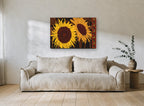 Twin Sunflowers Seed Border floral canvas print on the wall of a living room