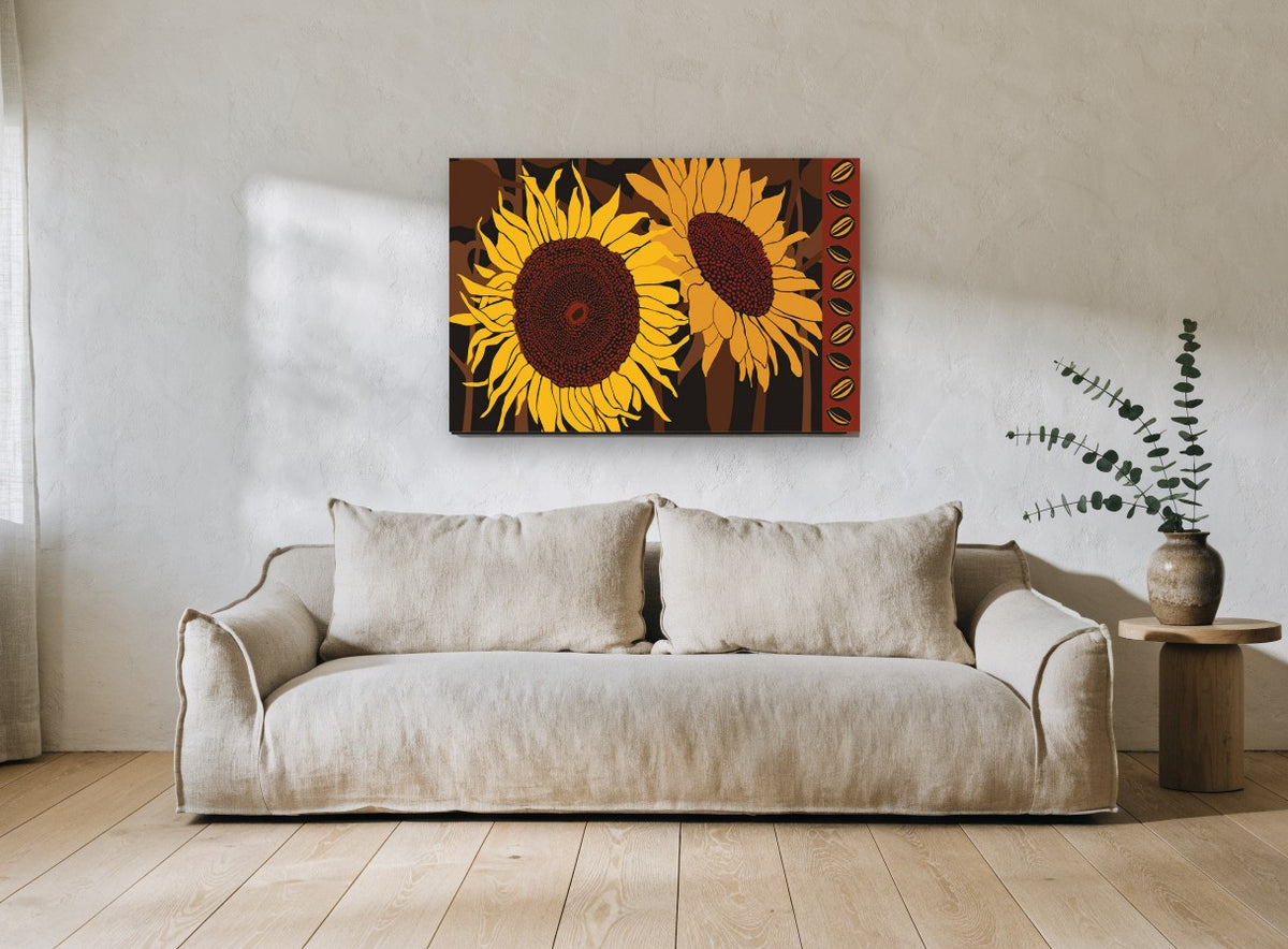 Twin Sunflowers Seed Border floral canvas print on the wall of a living room