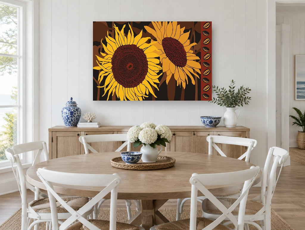 Twin Sunflowers Seed Border floral canvas print on the wall of a Hamptons dining room
