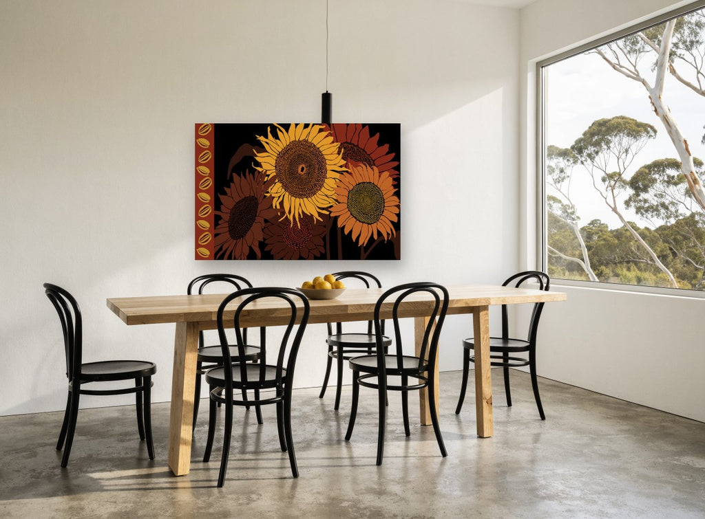 Sunflowers in Rust floral canvas print on the wall of a dining room