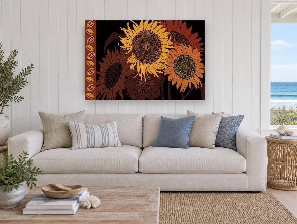 Sunflowers in Rust floral canvas print on the wall of a beach house living room