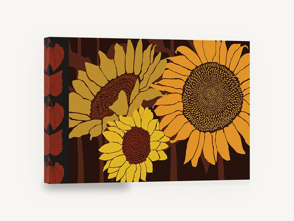 Sunflower Trio Dusk, sunflowers graphic illustration brown orange, floral canvas wall art print ready to hang