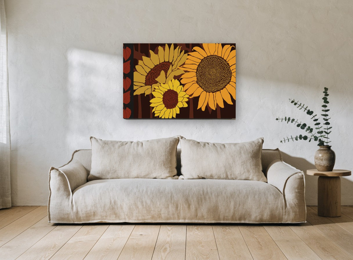 Sunflower Trio Dusk floral canvas print on the wall of a living room