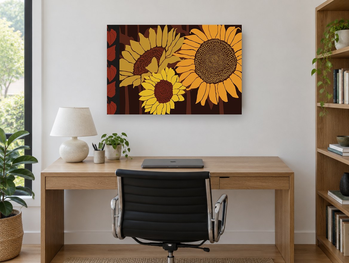 Sunflower Trio Dusk floral canvas print on the wall of a study