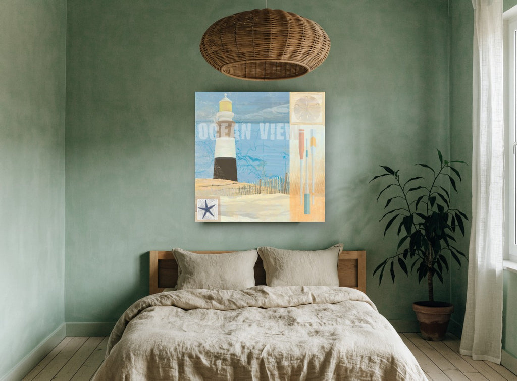 Ocean View Beacon coastal canvas print on the wall of a bedroom