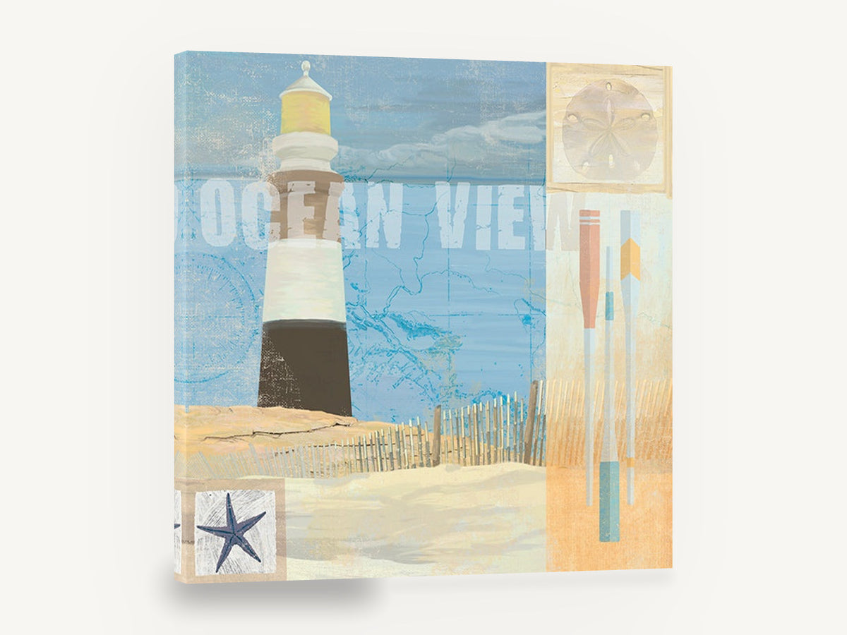 Ocean View Beacon, lighthouse ocean view coastal collage, coastal canvas wall art print ready to hang