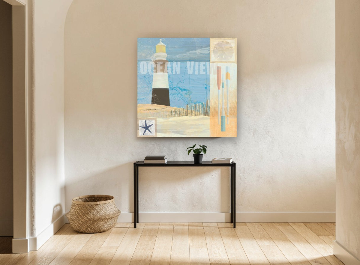 Ocean View Beacon coastal canvas print on the wall of a hallway