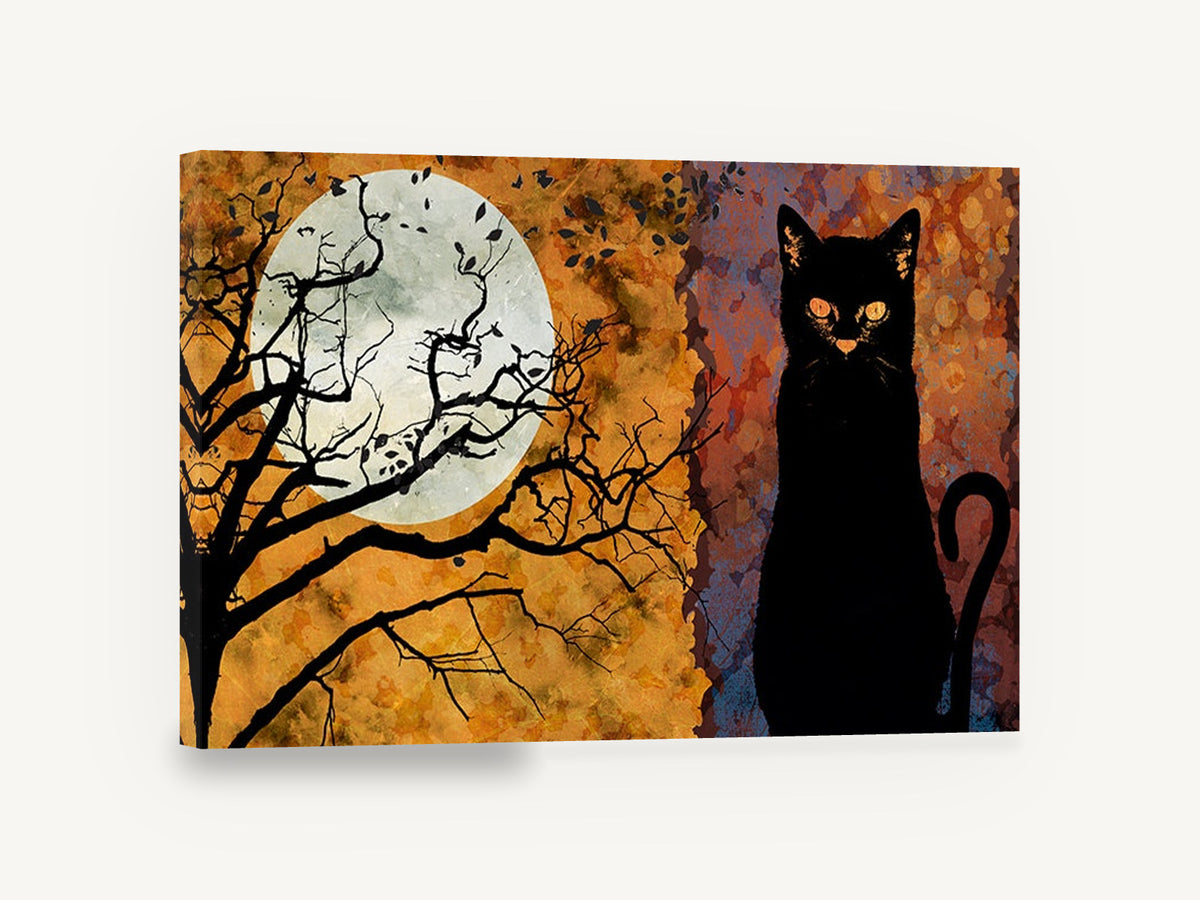 Black Cat Harvest Moon, black cat full moon illustration, animal canvas wall art print ready to hang