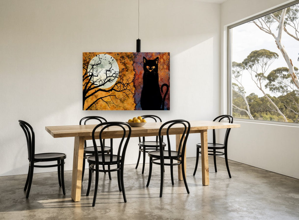 Black Cat Harvest Moon animal canvas print on the wall of a dining room