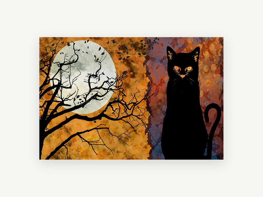 Black Cat Harvest Moon, black cat full moon illustration, animal canvas wall art print, front view