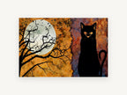 Black Cat Harvest Moon, black cat full moon illustration, animal canvas wall art print, front view