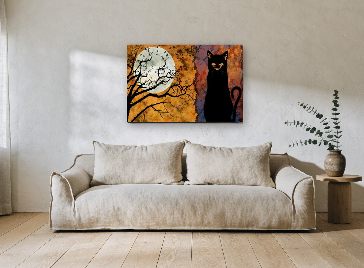 Black Cat Harvest Moon animal canvas print on the wall of a living room