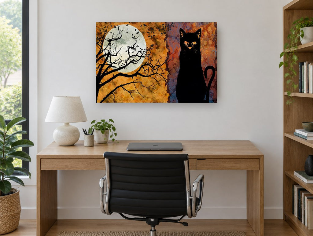 Black Cat Harvest Moon animal canvas print on the wall of a study