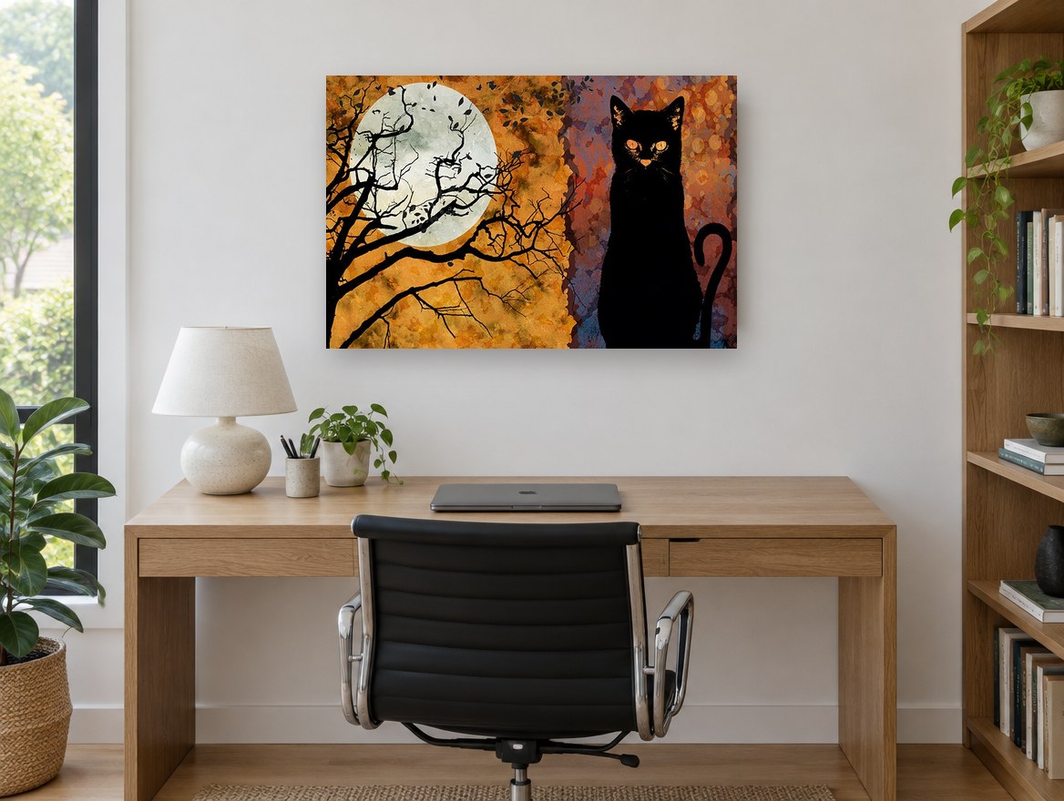 Black Cat Harvest Moon animal canvas print on the wall of a study