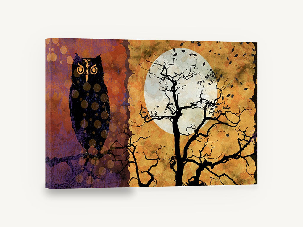Owl Beside Harvest Moon, owl and full moon illustration, animal canvas wall art print ready to hang