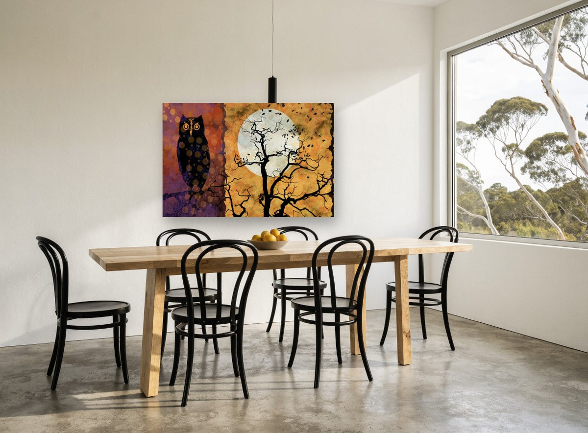 Owl Beside Harvest Moon animal canvas print on the wall of a dining room