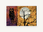 Owl Beside Harvest Moon, owl and full moon illustration, animal canvas wall art print, front view