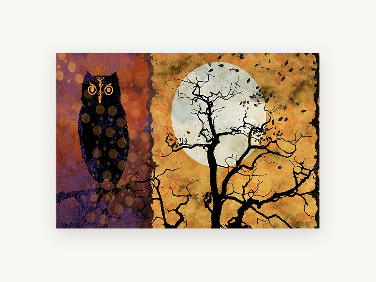 Owl Beside Harvest Moon, owl and full moon illustration, animal canvas wall art print, front view