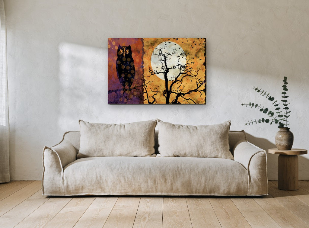 Owl Beside Harvest Moon animal canvas print on the wall of a living room