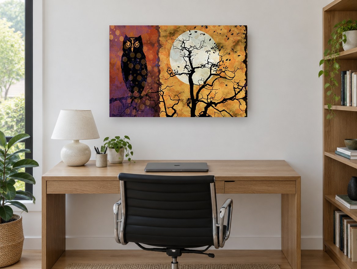 Owl Beside Harvest Moon animal canvas print on the wall of a study