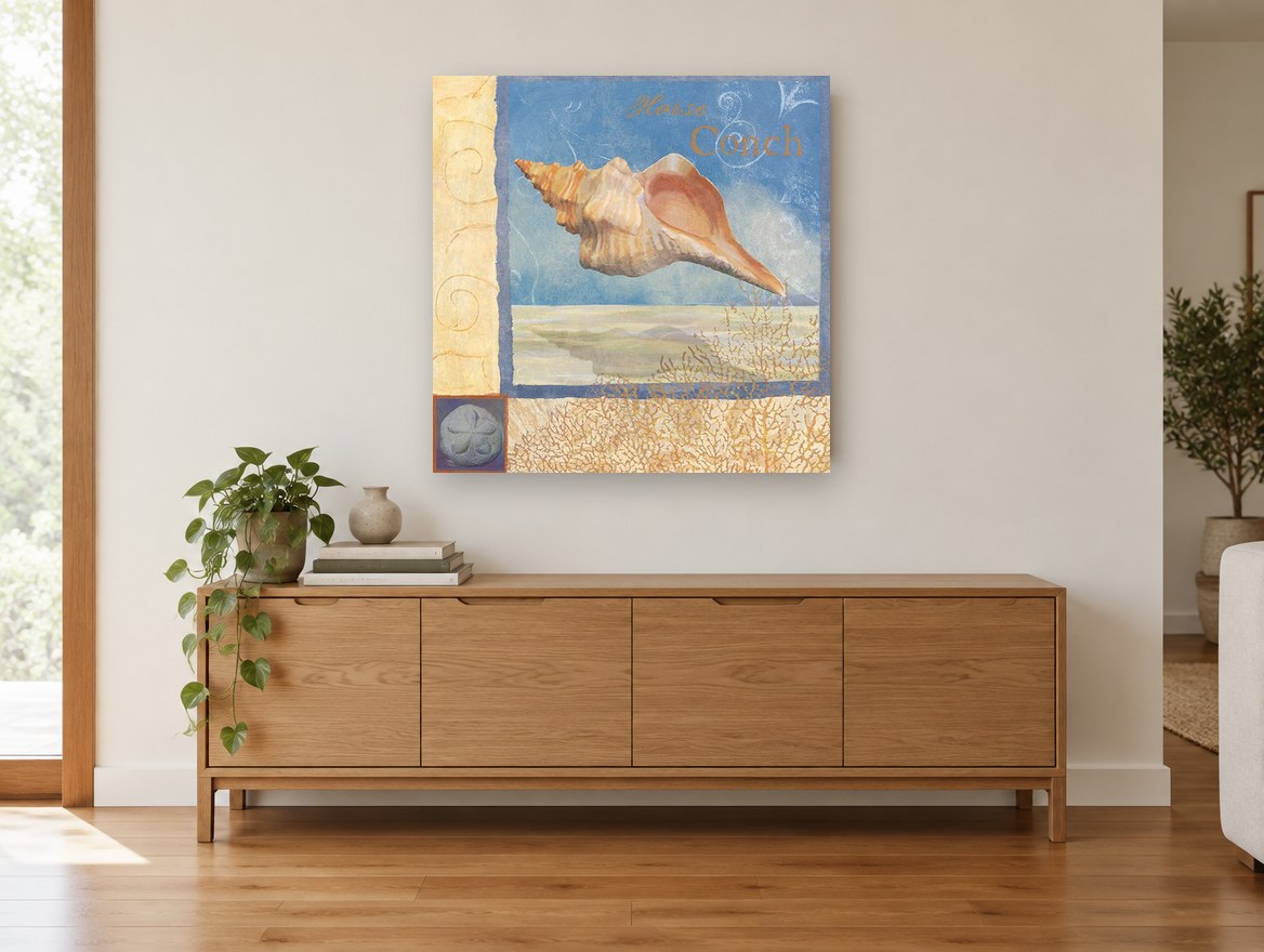 Horse Conch Shoreline coastal canvas print on the wall of a living room above a sideboard