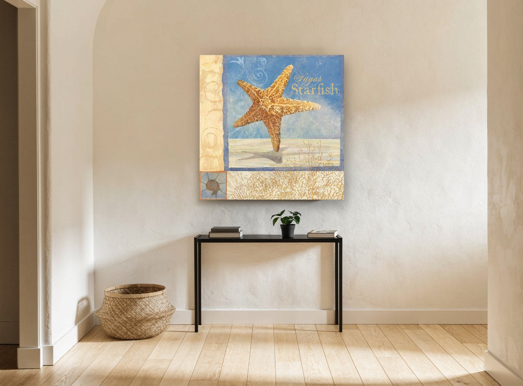 Sugar Starfish Panel coastal canvas print on the wall of a hallway