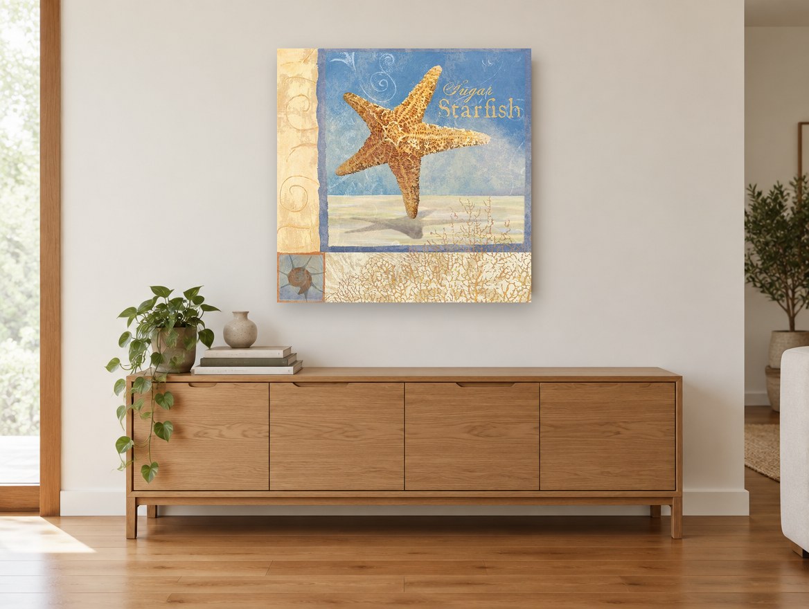 Sugar Starfish Panel coastal canvas print on the wall of a living room above a sideboard