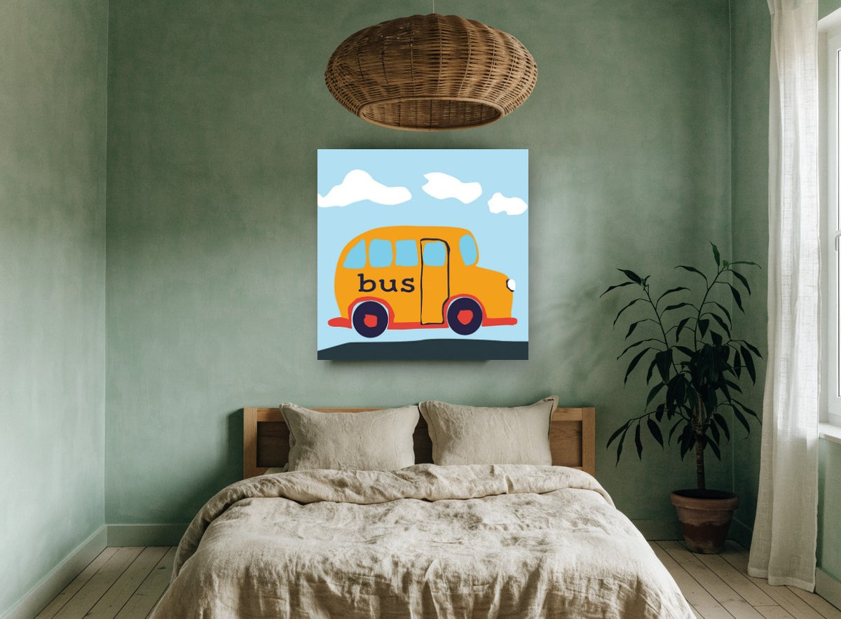 Little Orange Bus kids canvas print on the wall of a bedroom