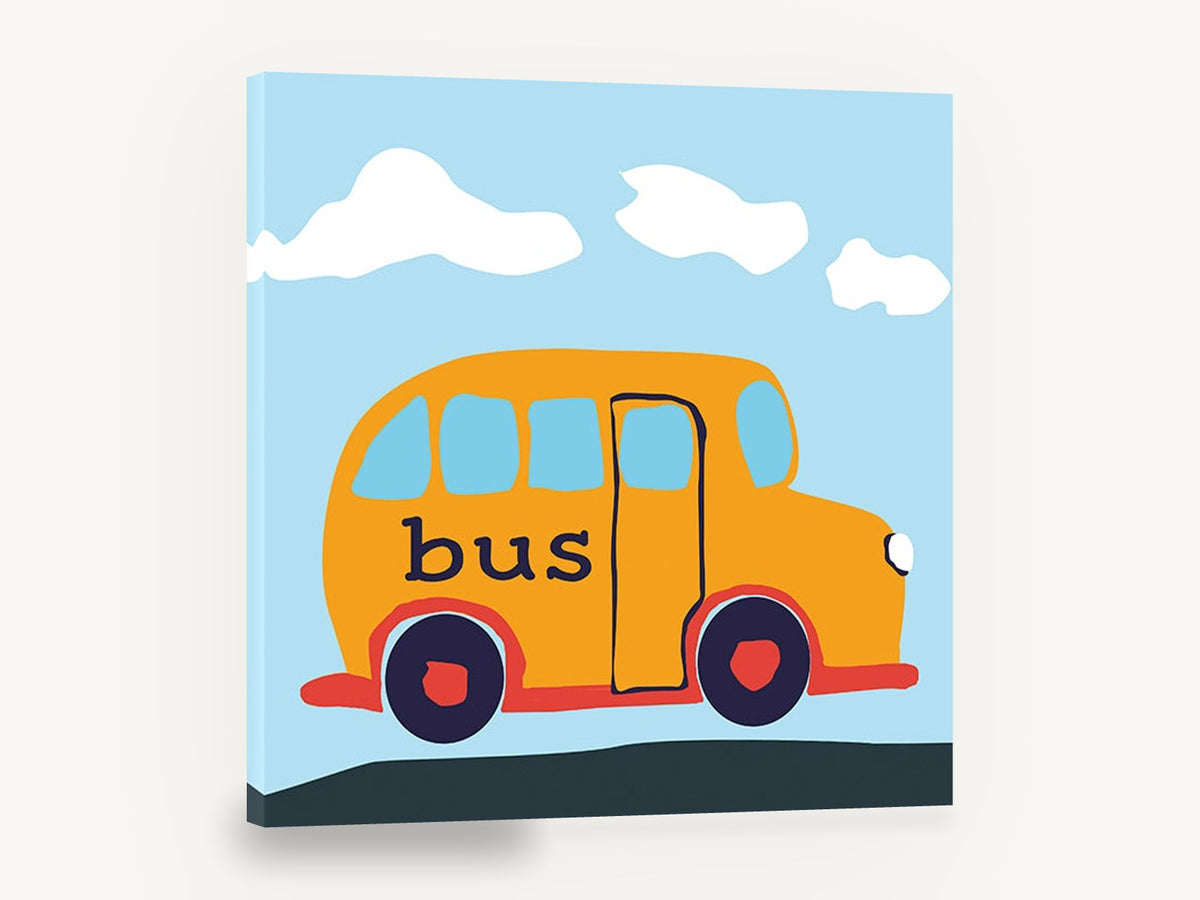 Little Orange Bus, orange school bus kids illustration, kids canvas wall art print ready to hang