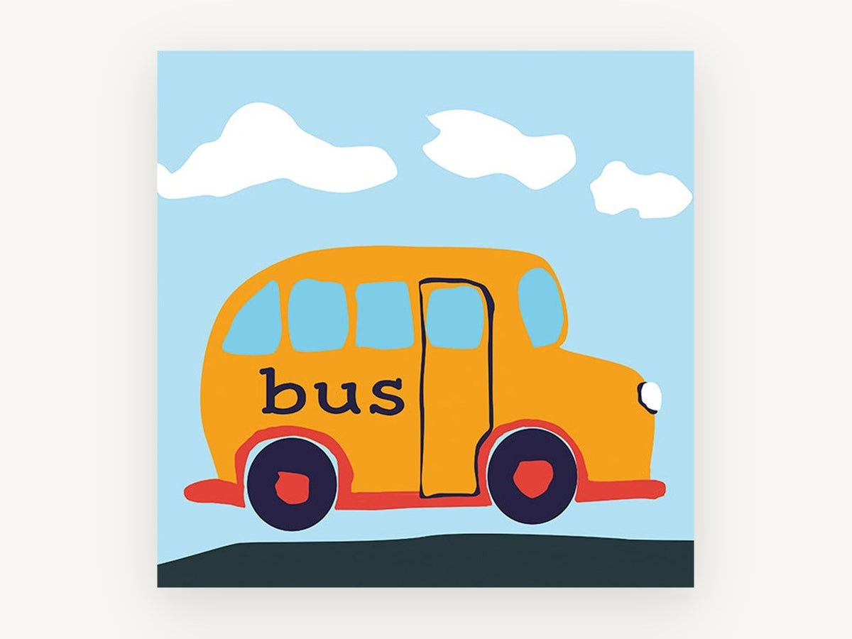Little Orange Bus, orange school bus kids illustration, kids canvas wall art print, front view