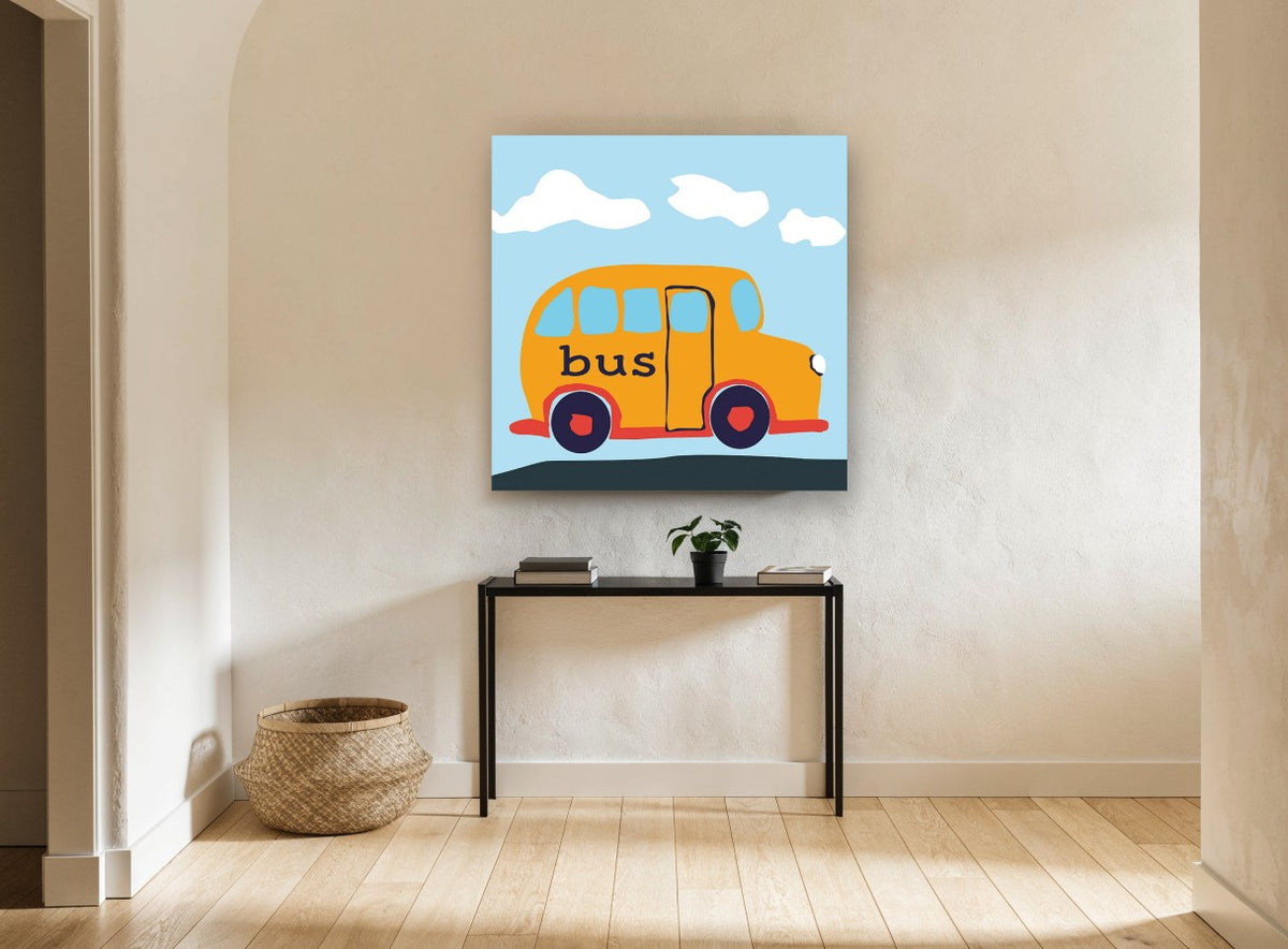 Little Orange Bus kids canvas print on the wall of a hallway