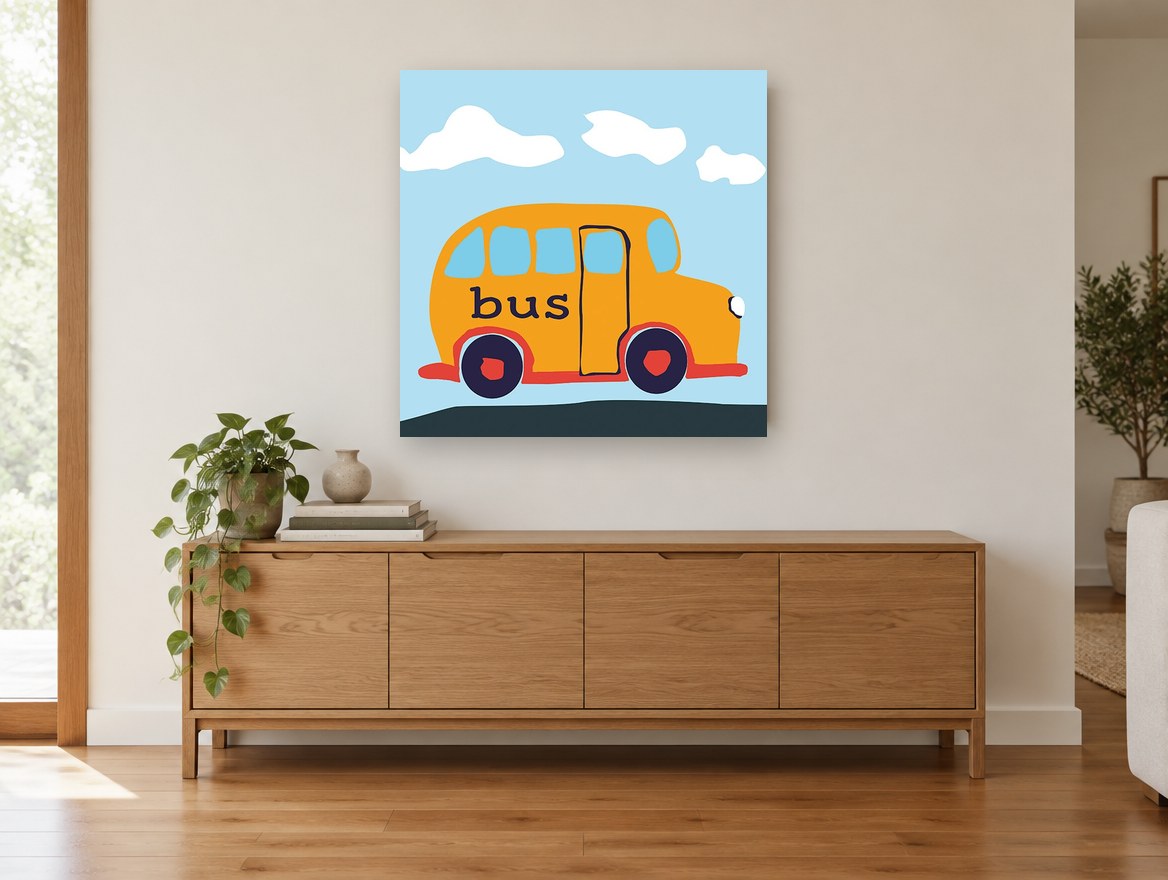 Little Orange Bus kids canvas print on the wall of a living room above a sideboard