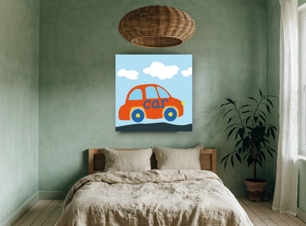 Little Orange Car kids canvas print on the wall of a bedroom