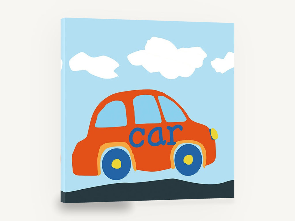Little Orange Car, orange car kids illustration, kids canvas wall art print ready to hang