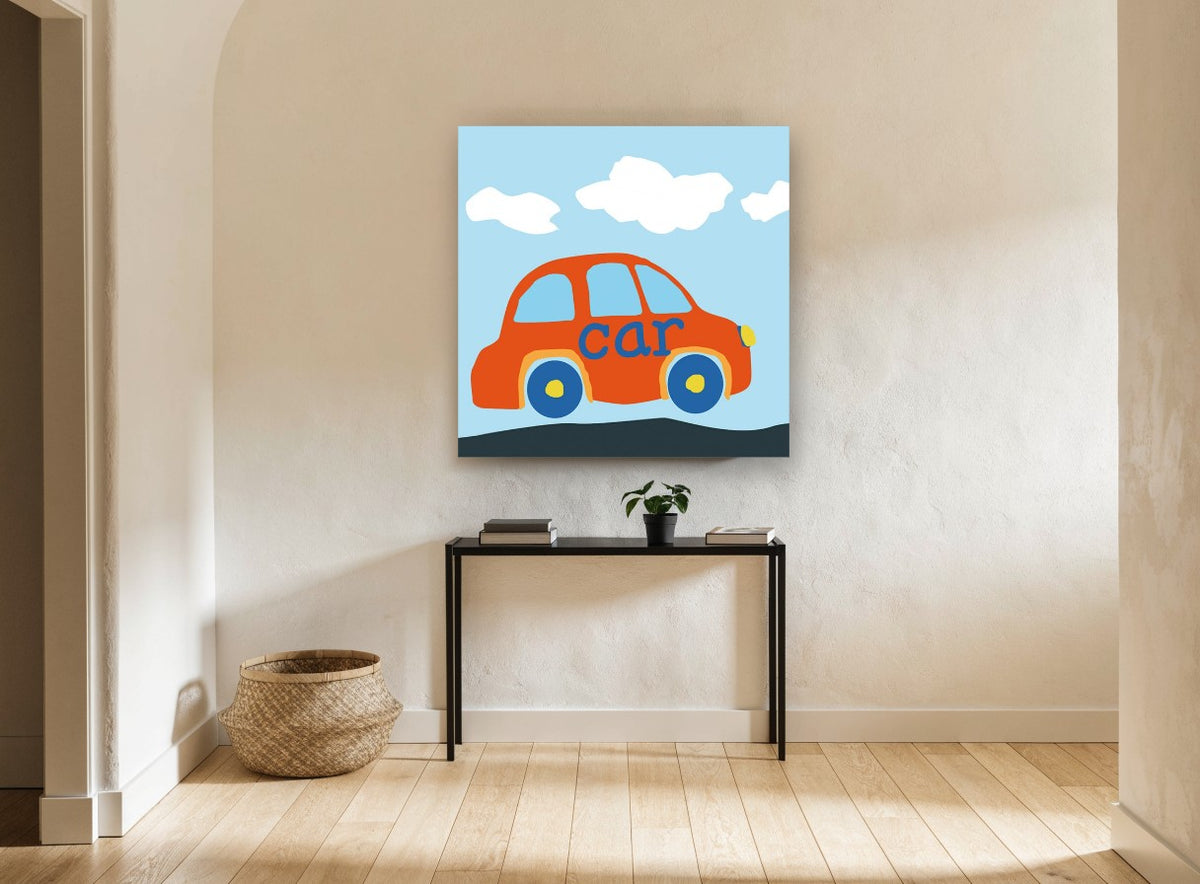 Little Orange Car kids canvas print on the wall of a hallway