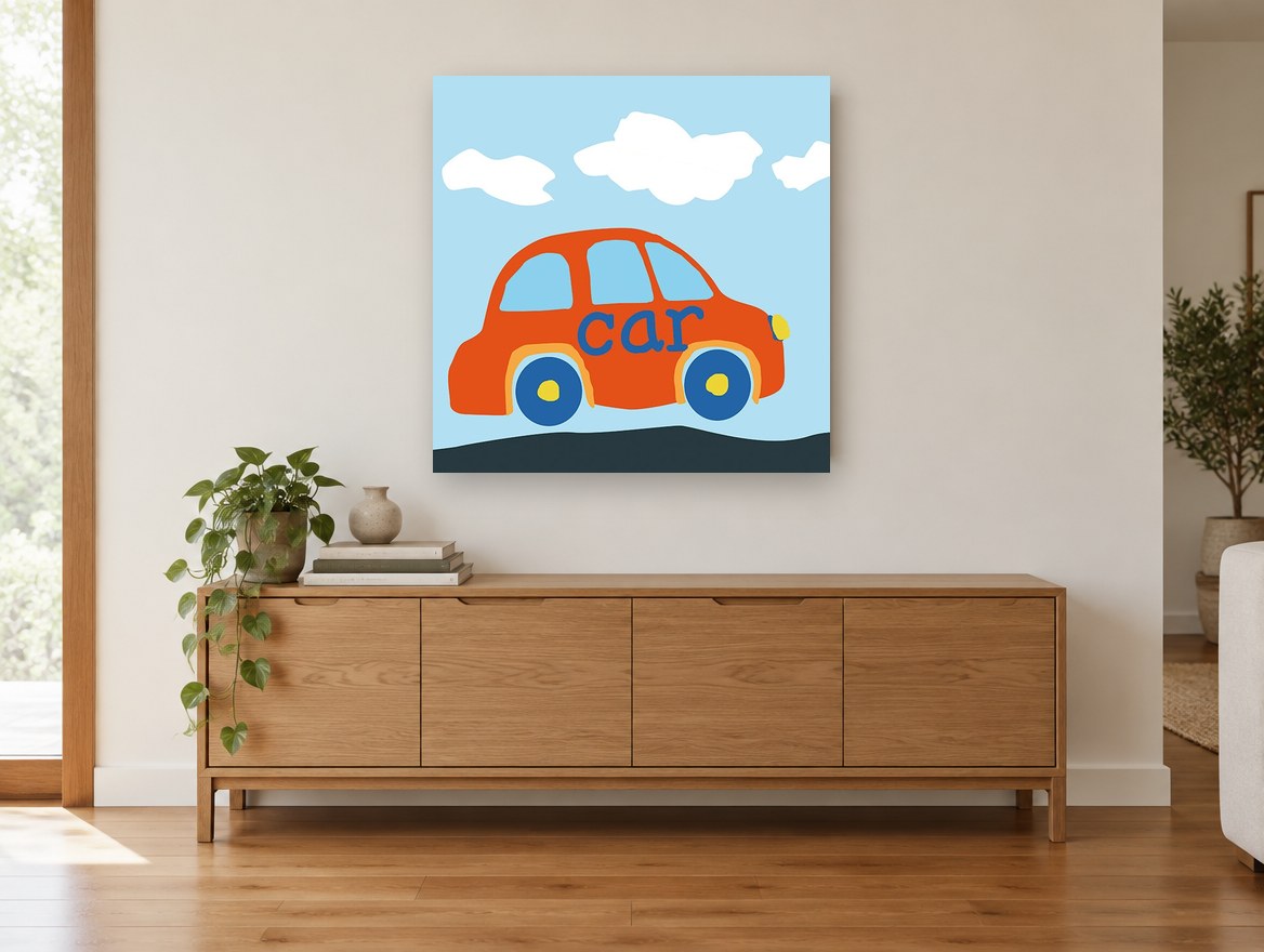 Little Orange Car kids canvas print on the wall of a living room above a sideboard