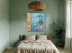 Blue Crab Coastal Panel coastal canvas print on the wall of a bedroom