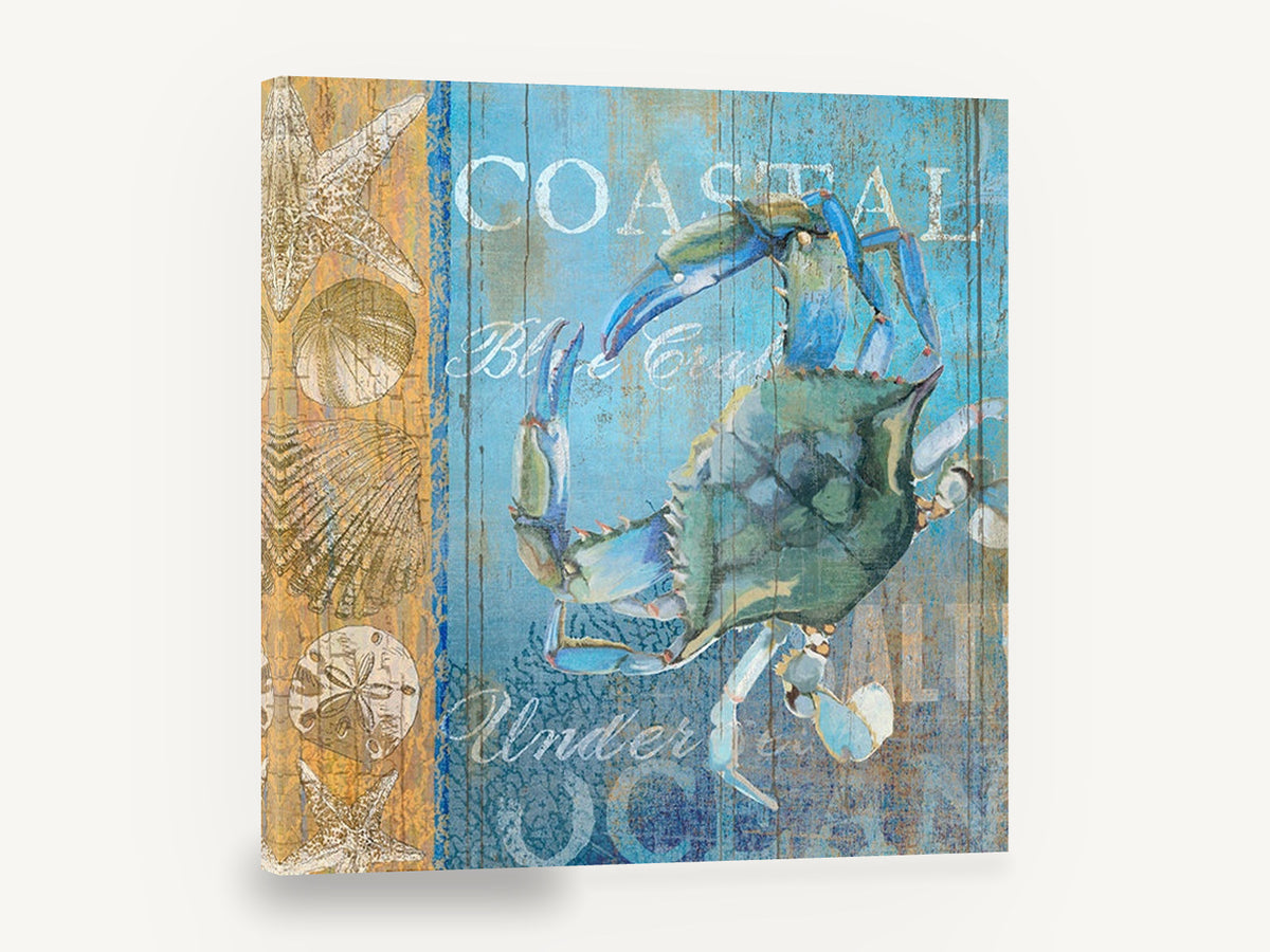 Blue Crab Coastal Panel, blue crab coastal typography, coastal canvas wall art print ready to hang