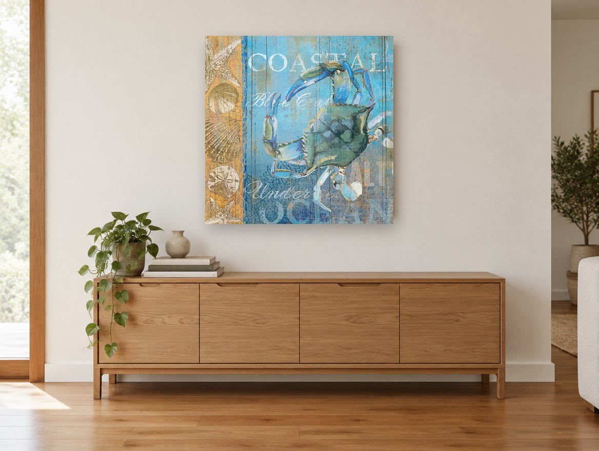 Blue Crab Coastal Panel coastal canvas print on the wall of a living room above a sideboard