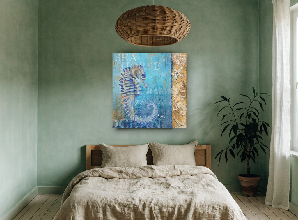 Seahorse on Weathered Boards coastal canvas print on the wall of a bedroom