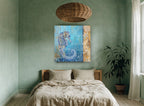 Seahorse on Weathered Boards coastal canvas print on the wall of a bedroom