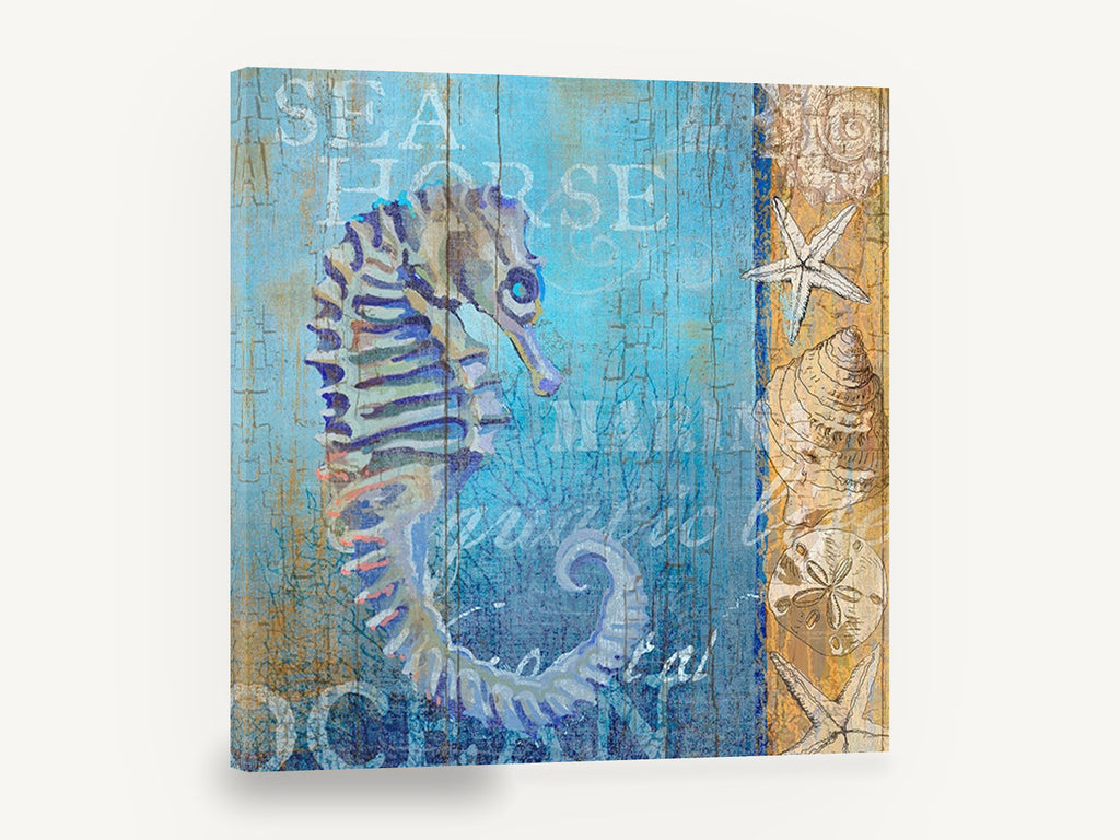 Seahorse on Weathered Boards, blue seahorse coastal illustration, coastal canvas wall art print ready to hang
