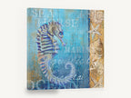 Seahorse on Weathered Boards, blue seahorse coastal illustration, coastal canvas wall art print ready to hang