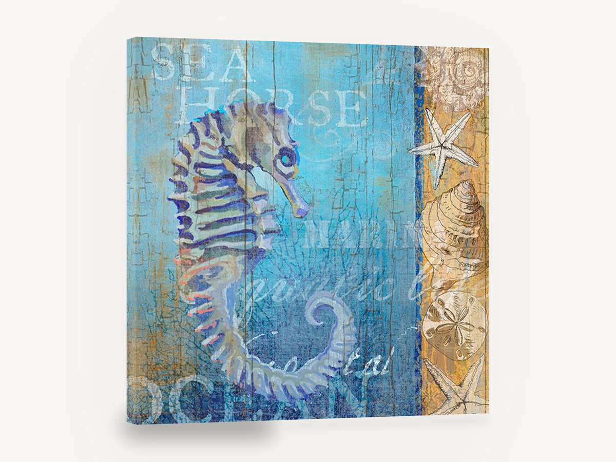 Seahorse on Weathered Boards, blue seahorse coastal illustration, coastal canvas wall art print ready to hang