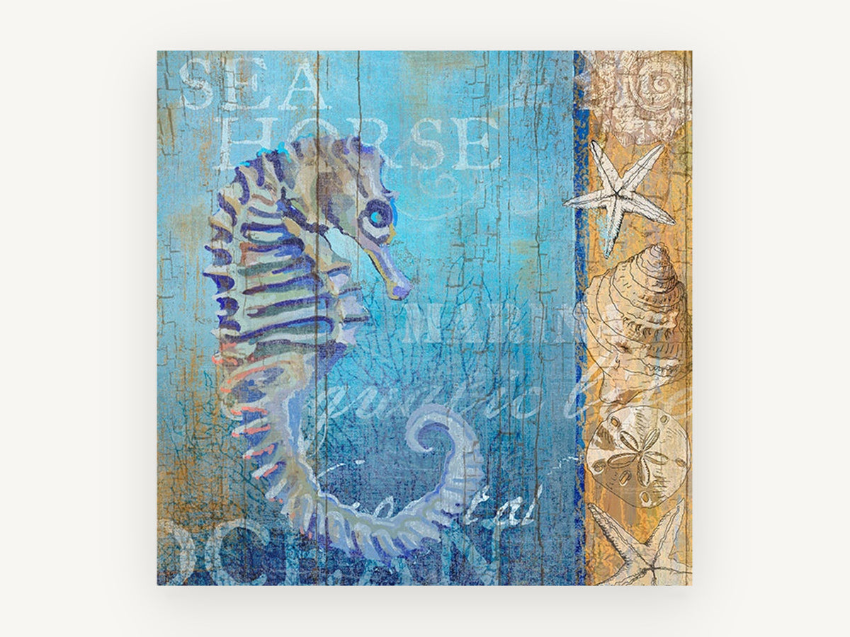 Seahorse on Weathered Boards, coastal canvas wall art print, front view