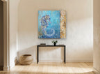 Seahorse on Weathered Boards coastal canvas print on the wall of a hallway