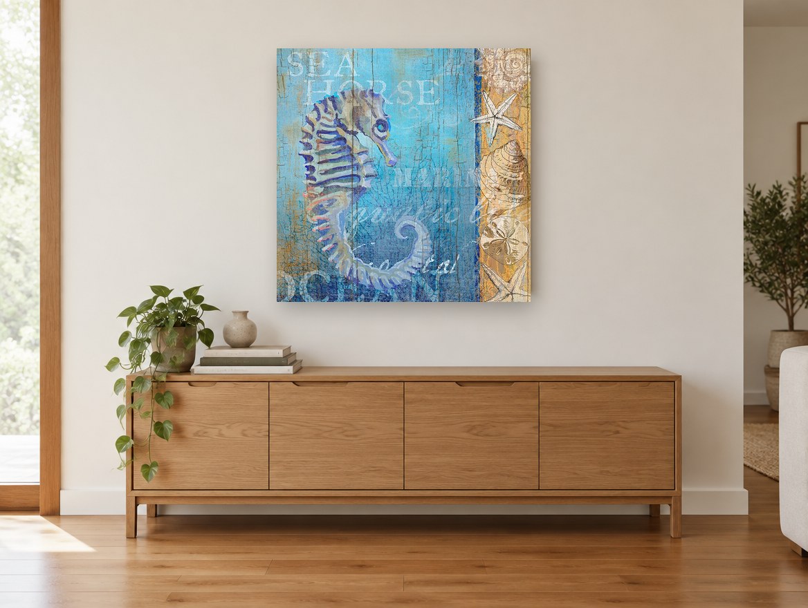 Seahorse on Weathered Boards coastal canvas print on the wall of a living room above a sideboard