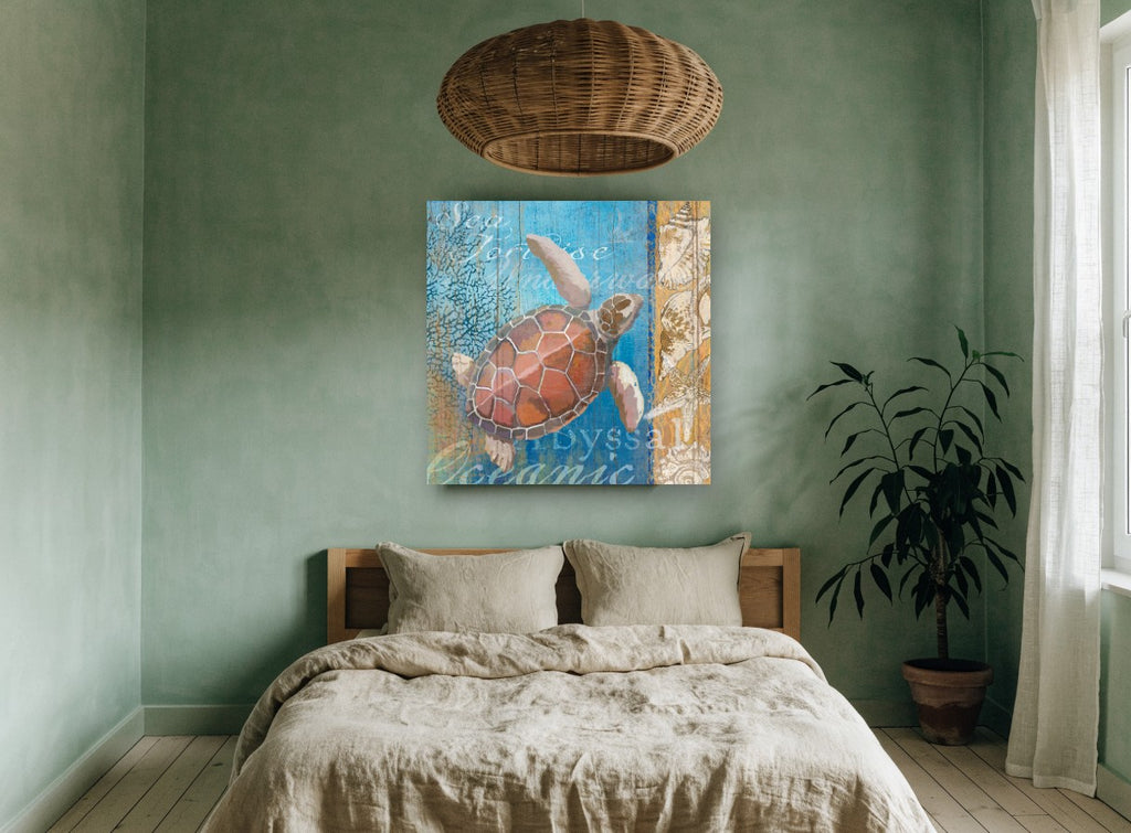 Sea Turtle Driftwood Panel coastal canvas print on the wall of a bedroom