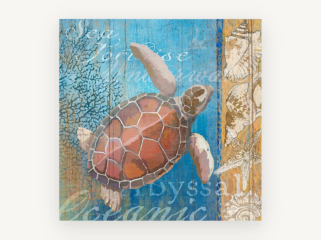 Sea Turtle Driftwood Panel, coastal canvas wall art print, front view