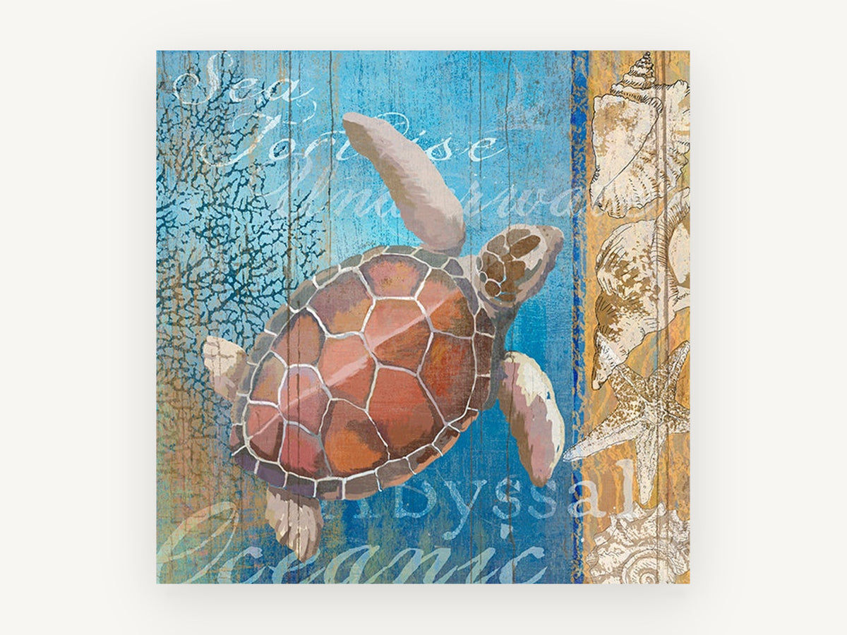 Sea Turtle Driftwood Panel, coastal canvas wall art print, front view